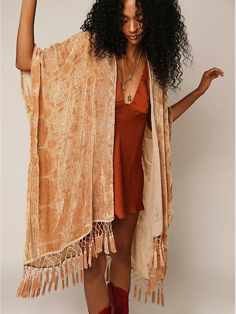 Free People Gold Velvet Fringe Kimono